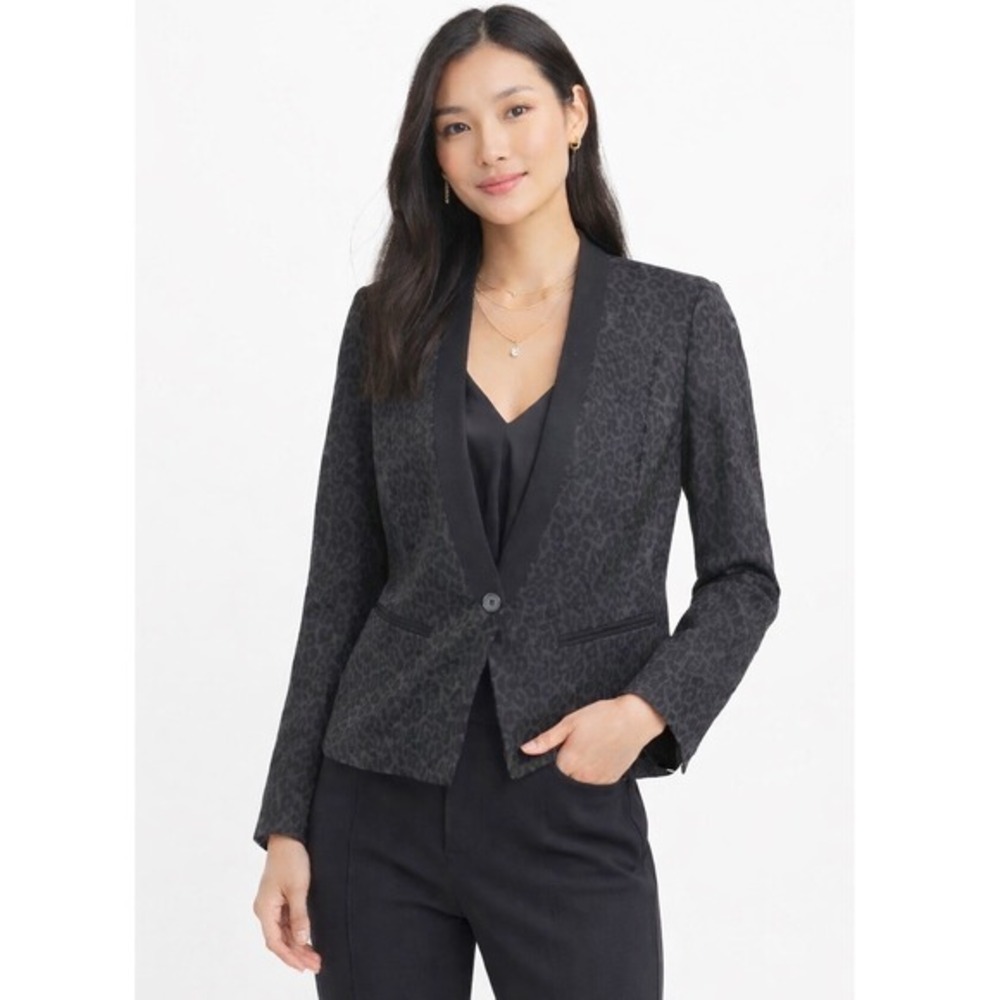 LOFT Leopard Print Blazer Black Grey Tuxedo Collar 8P Party Formal Elegant 51-08